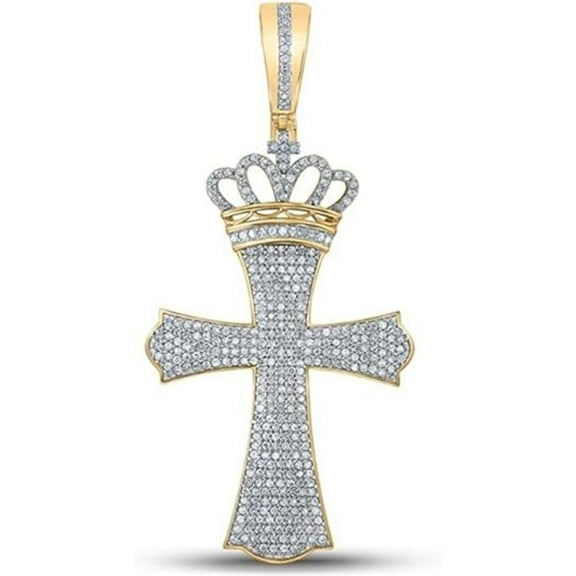 925 Sterling Silver 14K Yellow Gold Plated Round Cut White Diamond Crown On Cross 2.5 Inches Pendant Jewelry Gifts