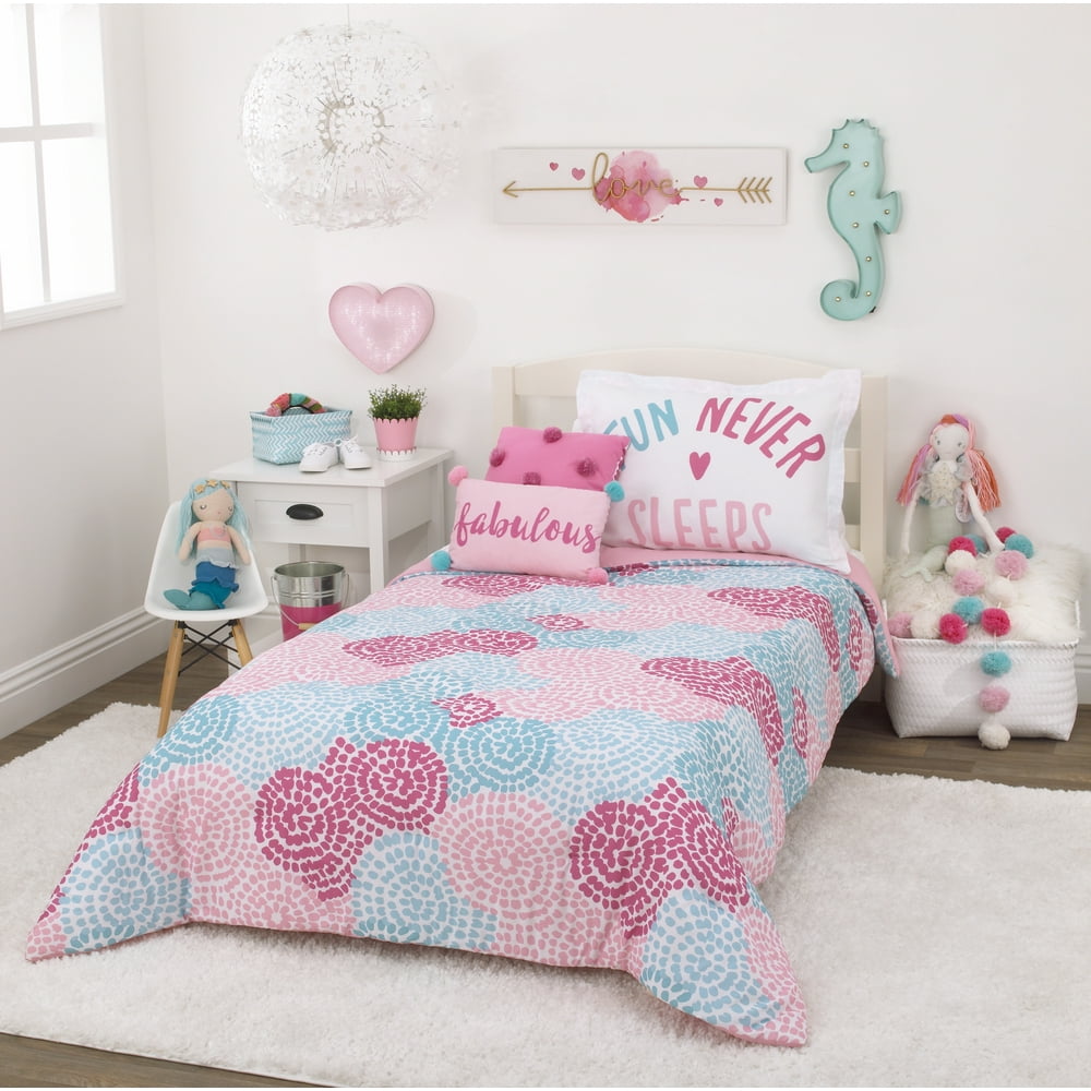 Everything Kids Pom Pom Party Pink and Aqua 2 Piece Twin Bedding Set