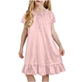 thumbnail image 2 of SGFCWSX Girls Casual Dress Short Sleeve Satin Bow Ruffle Hem Loose Fit Summer Dress Pink Size 12-13 Years, 2 of 9