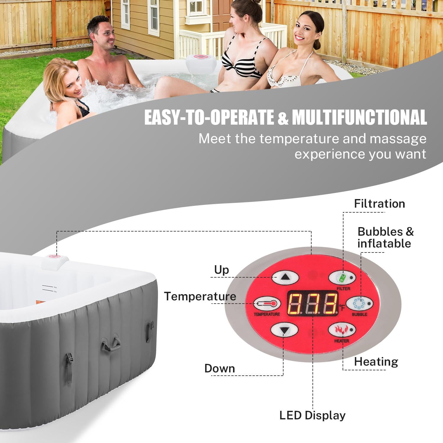 73in Square Hot Tub for 4-6 Person, Seizeen Inflatable Hot Tub Home SPA for Outdoor, 910L Capacity, 130pcs Massage Jets, w/4 Filters, Lockable Cover, Storage Bag, 2 Cup Holder, Gray