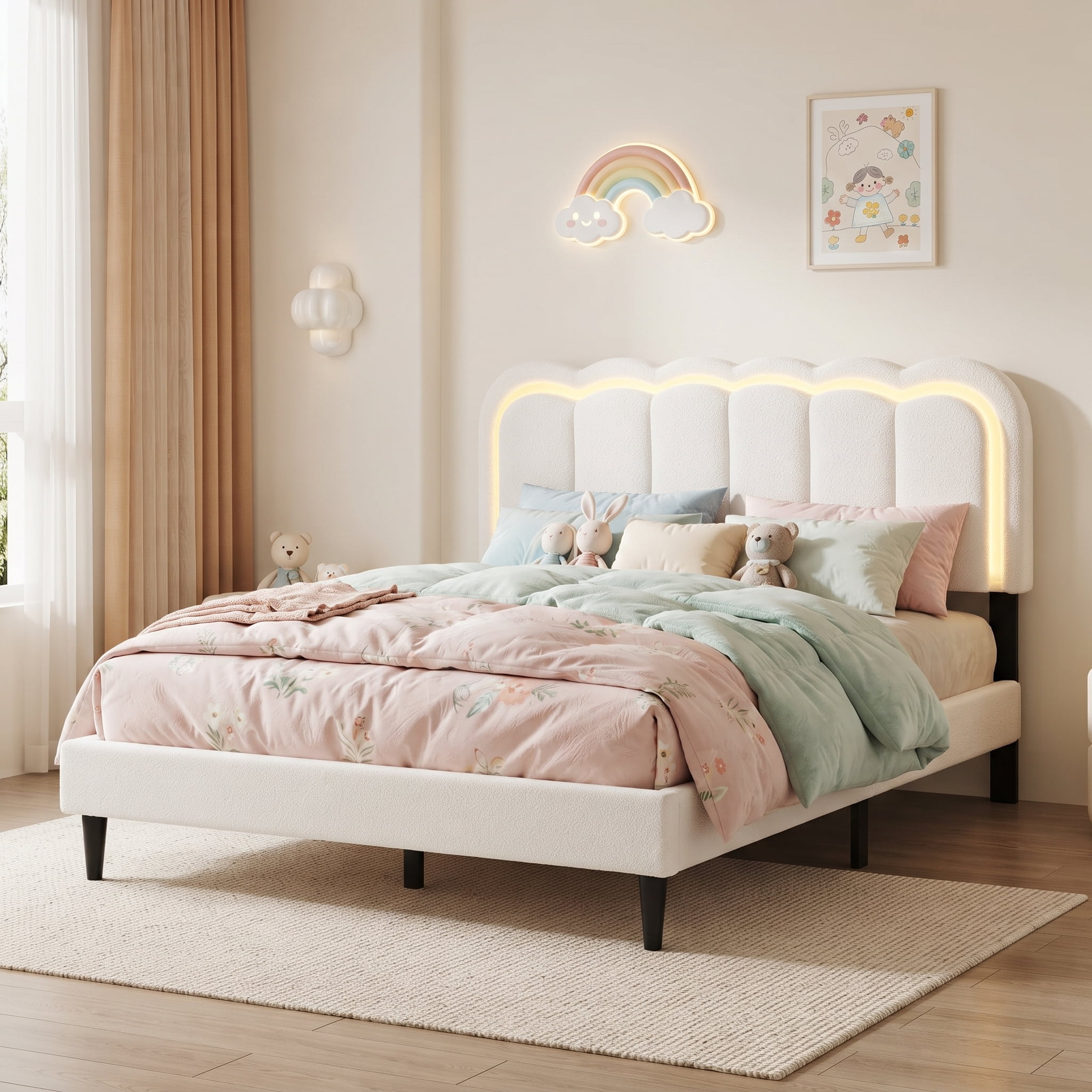Mintazer Full Size Upholstered Platform Bed Frame with Scalloped Tufted Headboard and LED Light, Boucle Bed for Bedroom, No Box Spring Needed, White