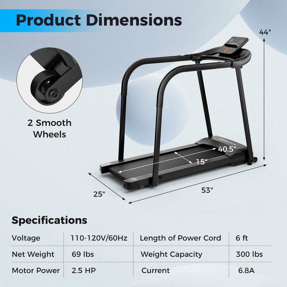 Resenkos 2.5 HP Walking Treadmill with Extended Handrails for Senior Users - Black