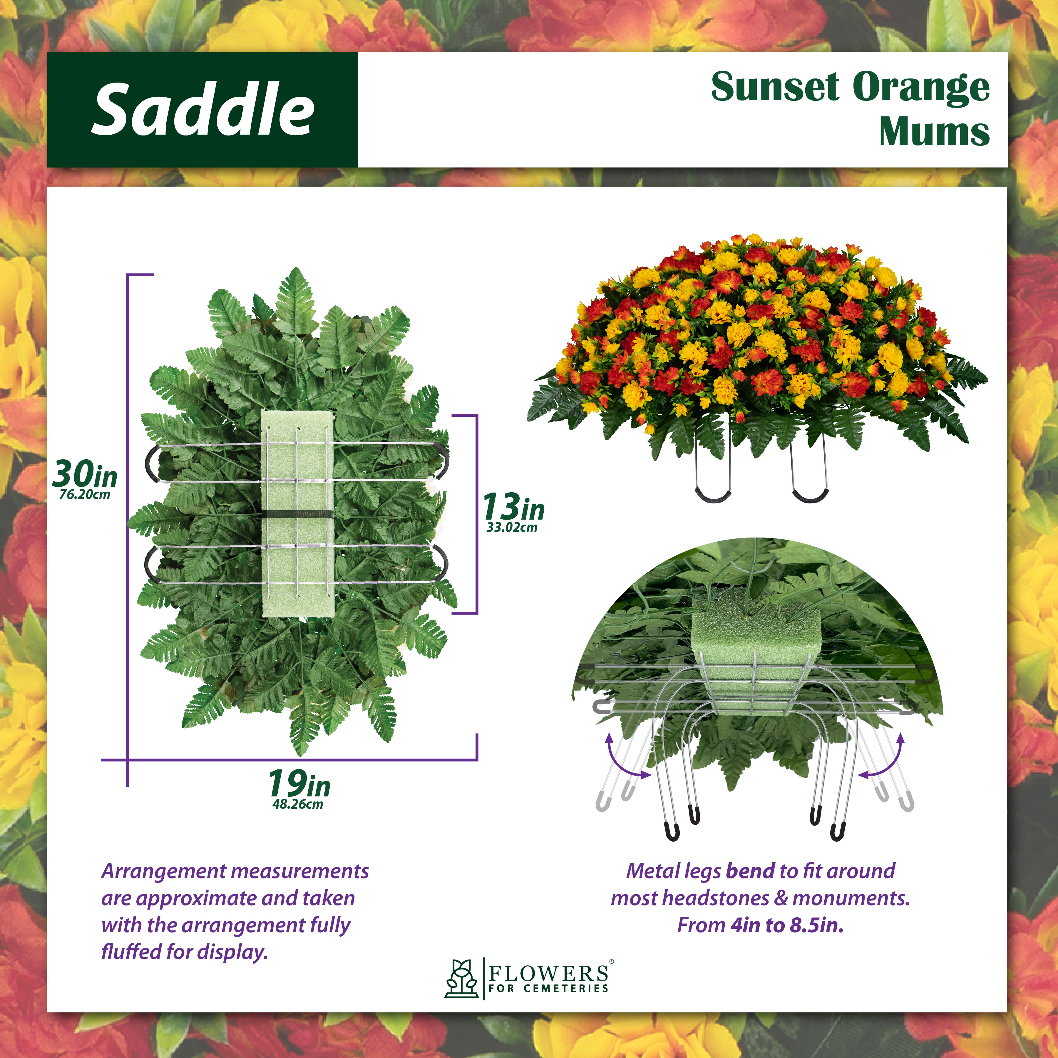 Sympathy Silks Artificial Cemetery Flowers Sunset Orange Garden Mums Bouquet & Saddle