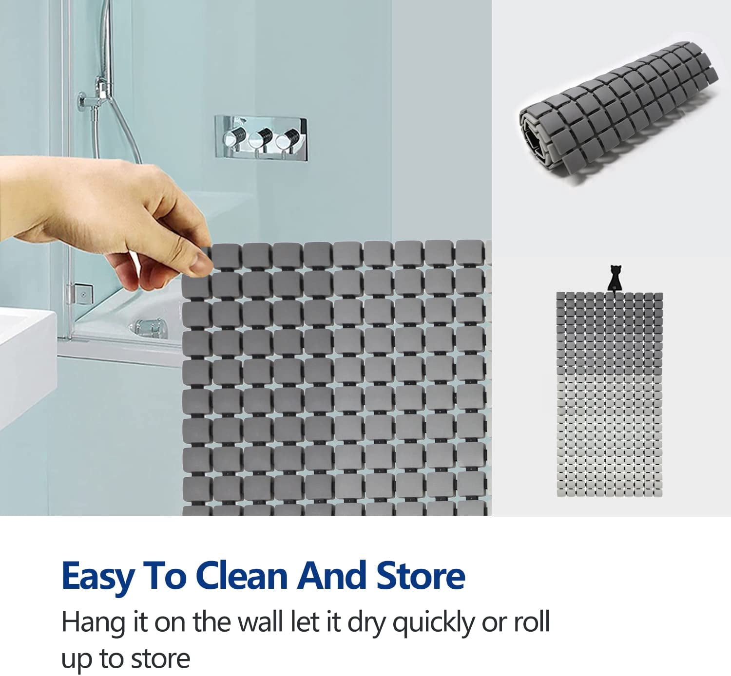 Shower Mat Non Slip Bathtub Mat, Anti Slip Bath Mat for Tub, Shower Floor Mat Non Slip with Drain Hole and Large Suction Cups for Bathroom, 33.4 * 15.7 Inch (GRADIENT GREY)