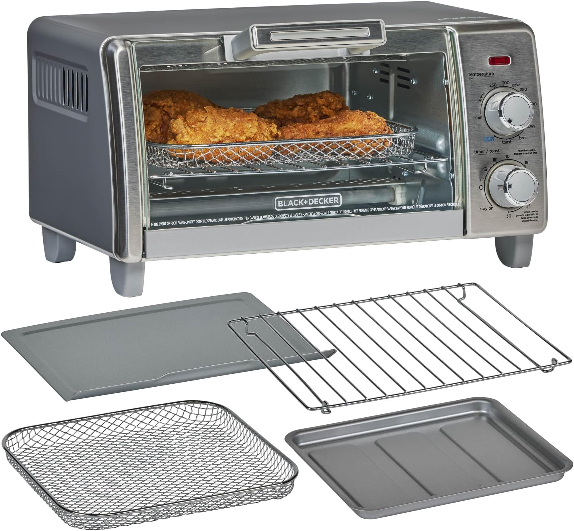 Open Box BLACK+DECKER Crisp ‘N Bake Air Fry 4-Slice Toaster Oven, Silver & Black, Fits 9 Inch Pizza, .35 Cubic Feet