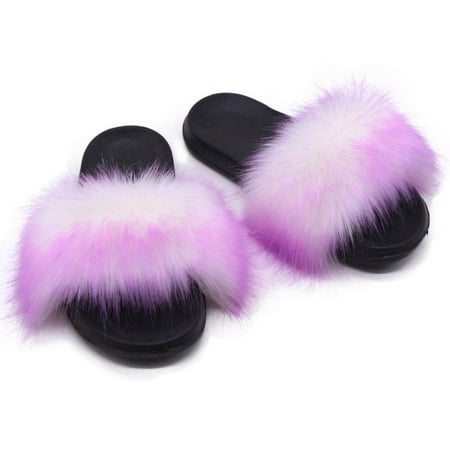 

HOLXI 2024 Women Fuzzy Slippers Color Block Fluffy Slides Furry Slipper Breathable Shoe Outdoor Lightweight Faux Home Shoes Royal