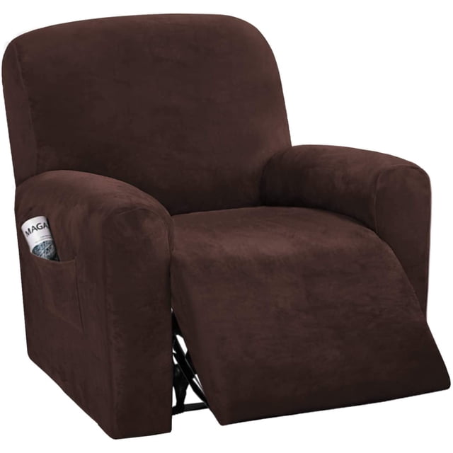 4-Pieces Recliner Chair Covers Velvet Stretch Reclining Couch Covers for 1 Cushion Sofa Slipcovers Furniture Covers Form Fit Customized Style Thick Soft Washable(Small, Brown)