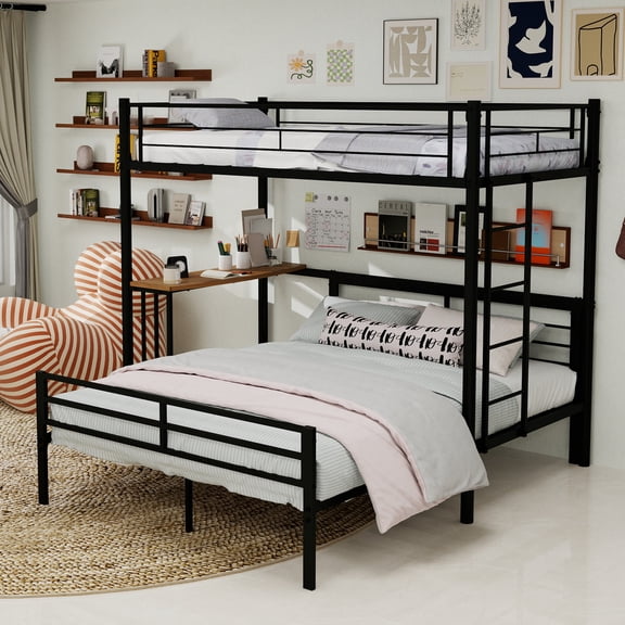 Harper & Bright Designs Twin Over Full Bunk Bed with Storage Shelves, Heavy-Duty Metal Bunk Bed Frame with Ladder and Under Bed Space, Black