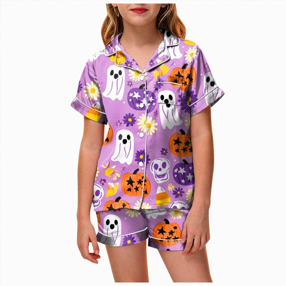 Cdudpw Halloween Pajamas Toddler Girl Pumpkin Ghost Pajama Set Short Sleeve Button Down Shirt Fall 2 Piece Outfits(A015-Orange)