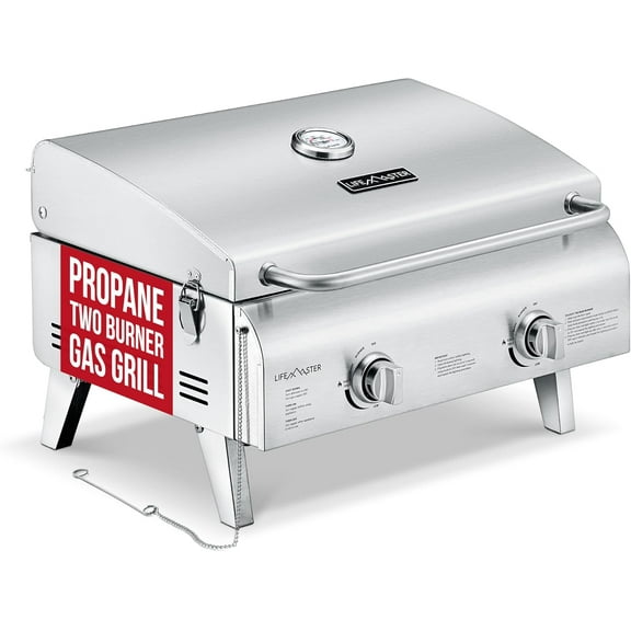 Stainless Steel Gas Grill, Dual 10,000 BTU Burners, 275 Sq.In Cooking Space, Push-to-Start Ignition, Wind-Proof Lid with Built-in Thermometer, Perfect for Camping Tailgates & Backyard BBQ Cookouts
