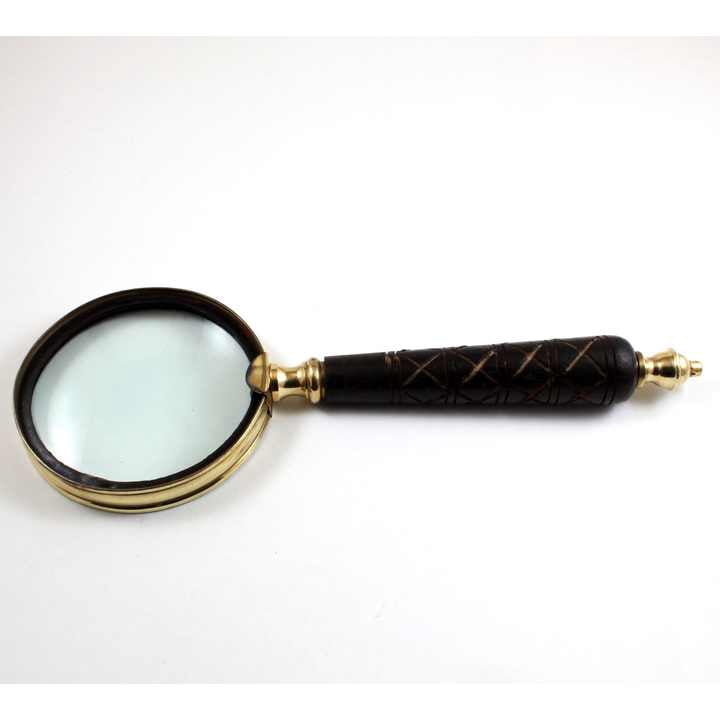 Maritime Treasures Brass Nautical Hand Held Magnifier 3" Magnifying Glass Lens Wooden Design with Curvy Handle Grip