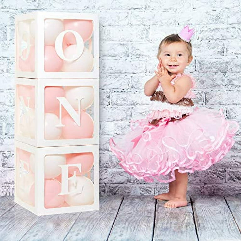First Birthday Balloon 'ONE' Boxes for Baby Girl WITH 24 Balloons - Baby  1st Birthday Girl Decoration Clear Cube Blocks 'ONE' Letters as Cake Smash  Photoshoot Props First Birthday Decorations Backdrop White