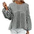 thumbnail image 3 of Aboser Babydoll Shirts for Women Trendy Plaid Tunic Tops Baggy Lantern Sleeve Shirt Oversized Crewneck T-Shirts Flowy Loose Fitted Blouses Black S, 3 of 8