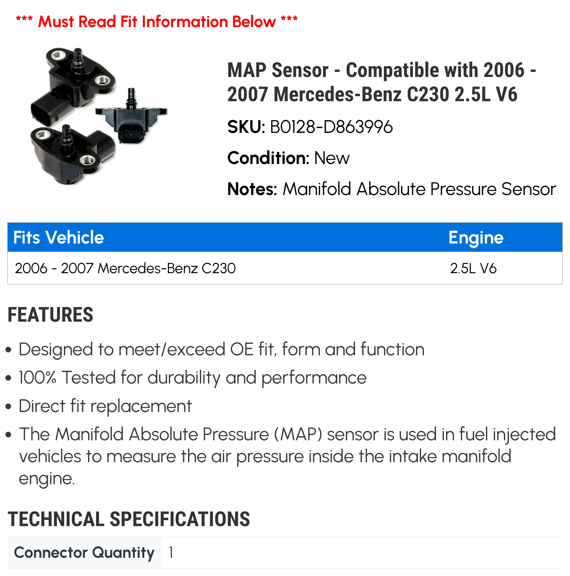 MAP Sensor - Compatible with 2006 - 2007 Mercedes-Benz C230 2.5L V6