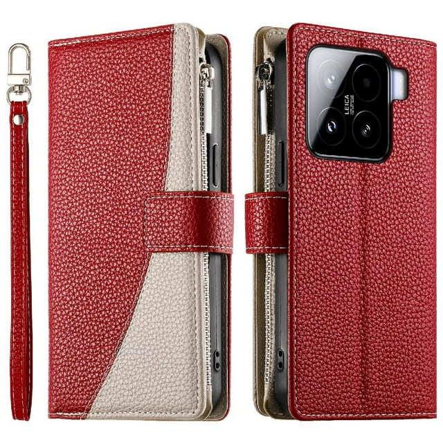 Funda cartera GANGXUN para Xiaomi 15 , cuero PU con tarjetero, cremallera, correa de mano, soporte y protección 515°