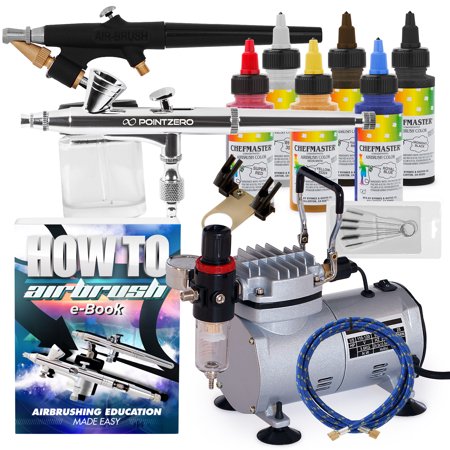 PointZero Cake Airbrush Decorating Kit - 2 Airbrushes, Compressor Bundle with 6 Chefmaster