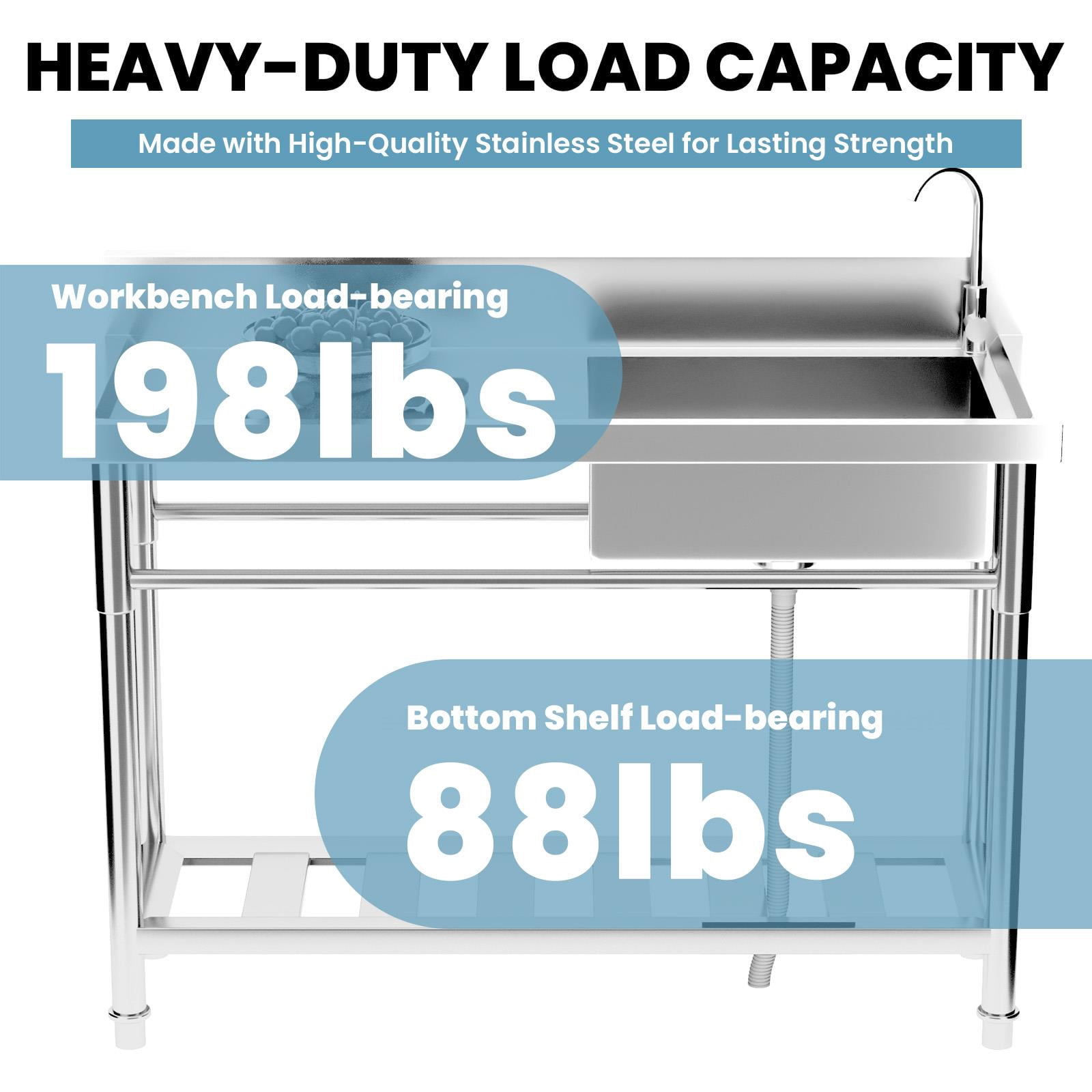 47.3" Commercial Stainless Steel Sink Workstation, 304 Stainless Single Bowl Utility Sink with Drainboard, 360° Swivel Faucet & Storage Shelf for Restaurant, Garage, Laundry