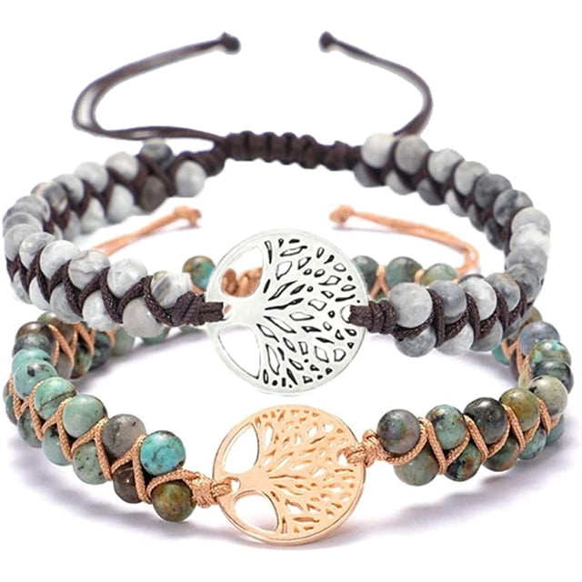 Juego de 2 pulseras de yoga de piedra natural hechas a mano, pulsera trenzada de amistad con turquesa africana brillar Electrónica