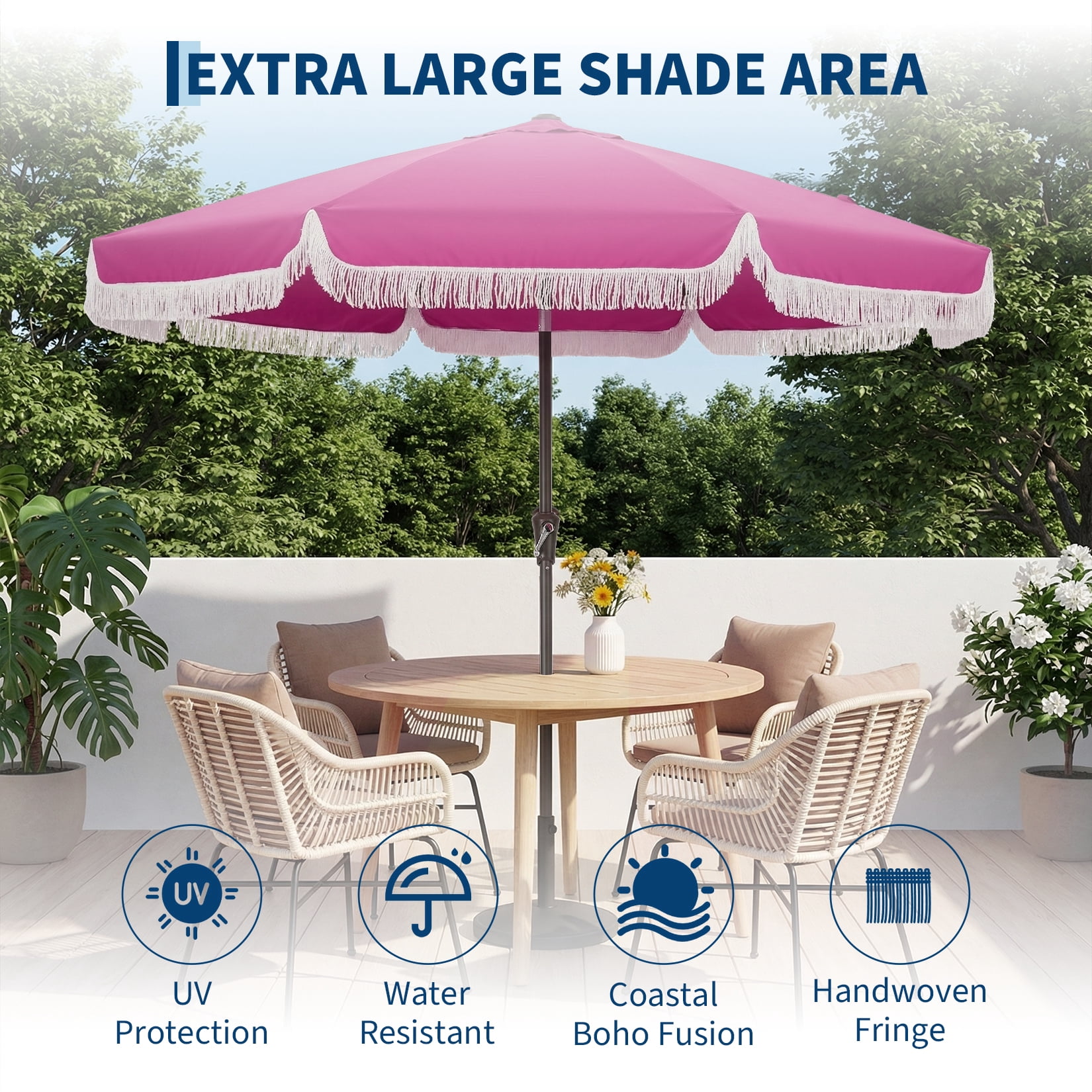 9FT Fringe Patio Umbrella with Crank Handle, Push Button Tilt, 8 Fiberglass Ribs, 1.5" D Premium Steel Pole, Outdoor Tassel Umbrella for Beach Pool