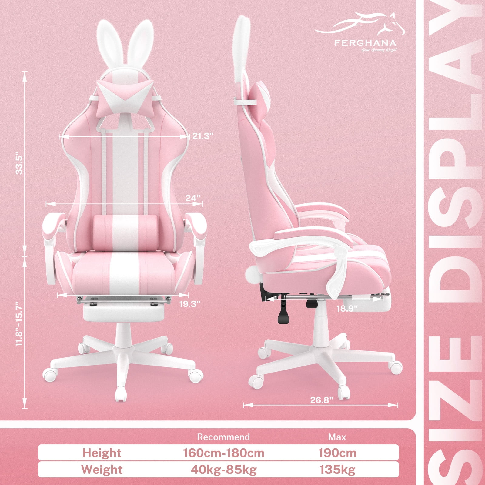 Luxvie Pink Gaming Chair with Footrest High Back Ergonomic Office Gamer Chair with Massage and Headrest Lumbar Support Swivel Computer Game Chair Cute Bunny Ears for Adults