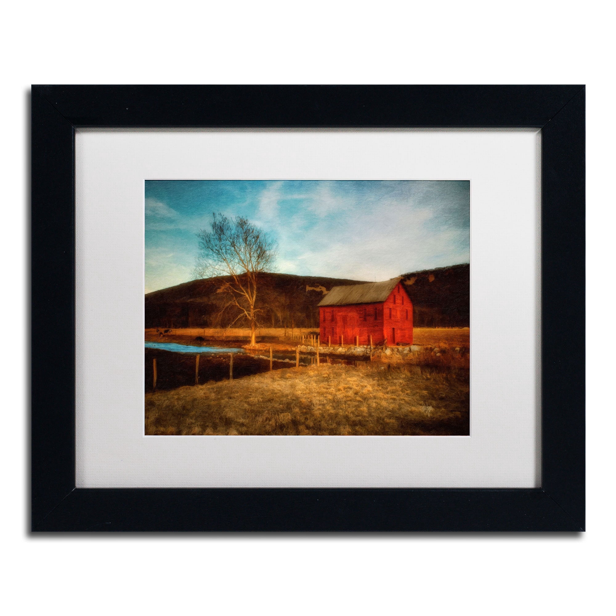 Trademark Fine Art "Red Barn at Twilight" Canvas Art by Lois Bryan, White Mat, Wood Frame
