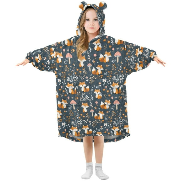 Wearable Blanket Hoodie for Kids Cute Fox and Mushrooms Flannel Hooded Blanket with Pockets and Sleeves Suitable for Boys and Girls