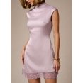 thumbnail image 4 of Lilac Purple Cap Sleeve Mock Neck Mini Dress With Lace Trim Hem Bodycon Party Wedding Guest Dress, 4 of 5