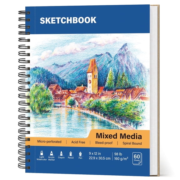 OMEYA Sketchbook 9"x12", 98lb / 160gsm Mixed Media Sketch Book, Fade Resistant Acid-Free Paper, 60 Sheets Perforated Drawing Pad for Pencil, Marker, Light Watercolor, Sketch Pads for Drawing