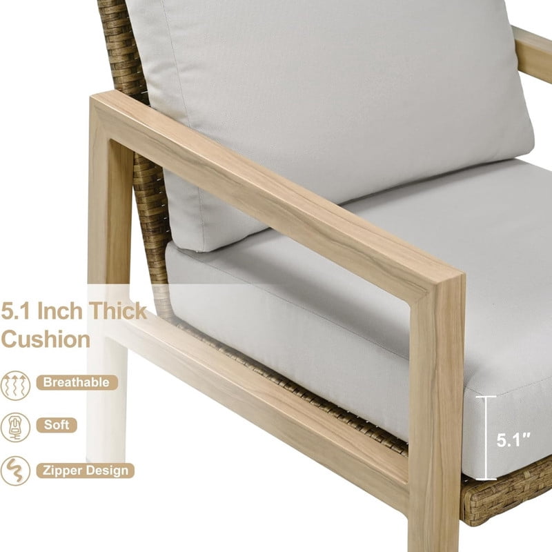 2Pcs Patio Arm Chairs Chat Set with Aluminum Frame & Cushions, Outdoor Rattan Dining Chairs