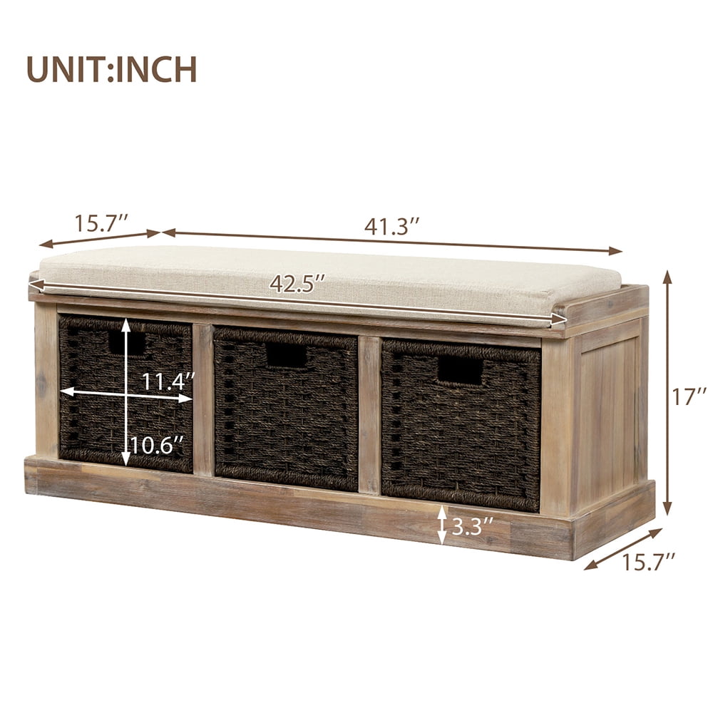 Lowestbest Solid Wood Storage Bench, Entryway Bench with 3 Removable Classic Fabric Basket, Storage Bench with Removable Cushion, White Lowestbest Solid Wood Storage Bench, Entryway Bench with 3 Removable Classic Fabric Basket, Storage Bench with Removable Cushion, White