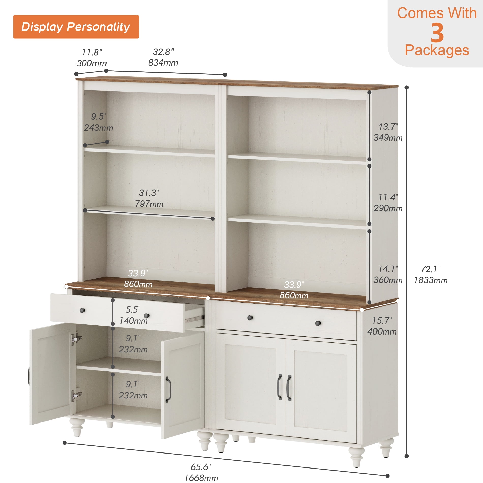 72'' Tall Kitchen Pantry Cabinet with Shelves, 34'' Wide Dining Hutch with Drawers and Doorss, Farmhouse Pantry Storage for Kitchen, Home Decor, Living Room, White