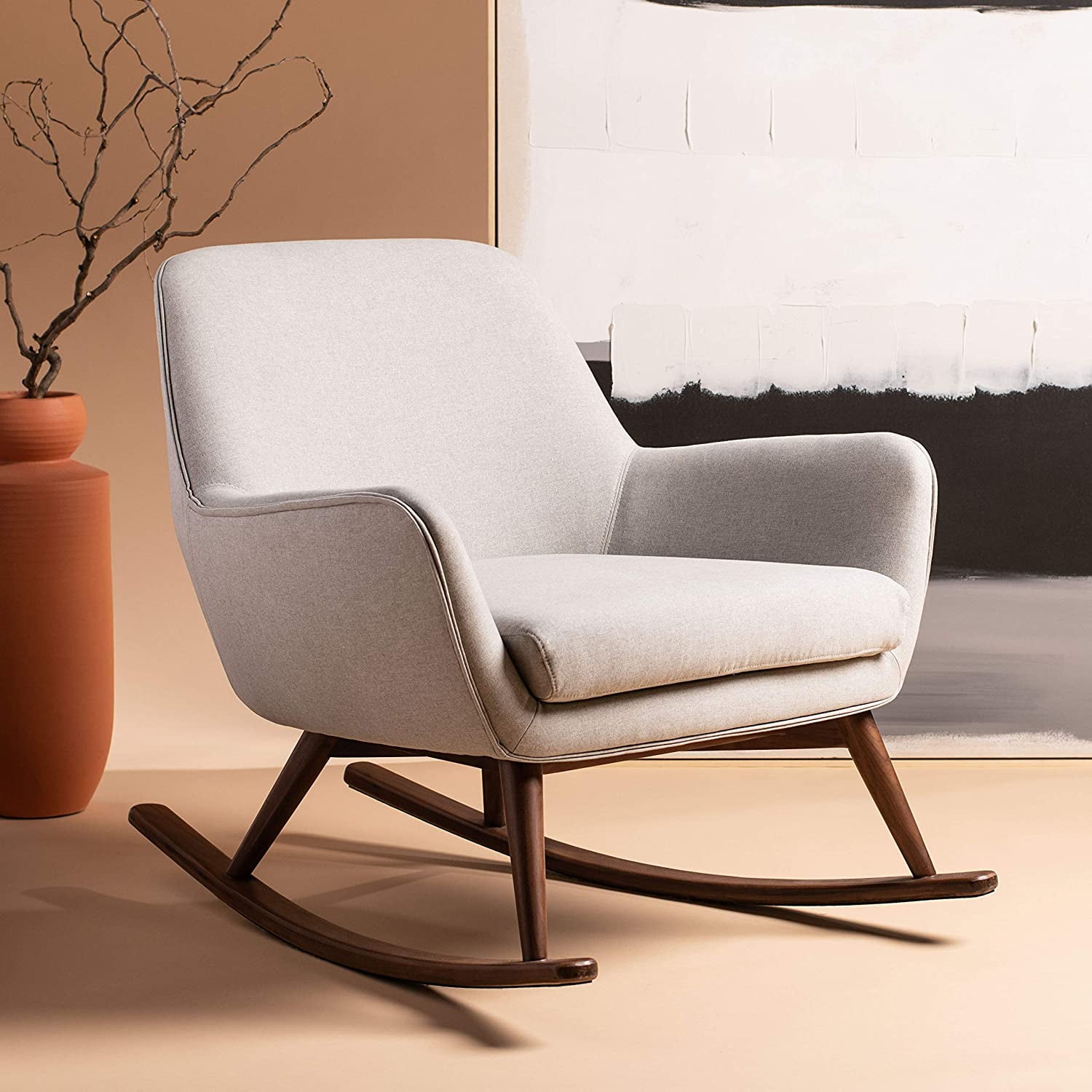 Flan 32'' Beige Linen Mid-Century Modern Glider Chair