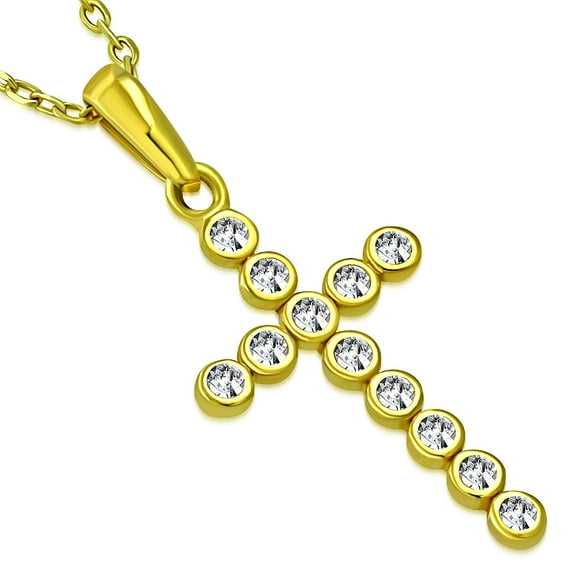 925 Sterling Silver Yellow Gold-Tone Bezel-Set White Cubic Zirconia Latin Cross Pendant Necklace