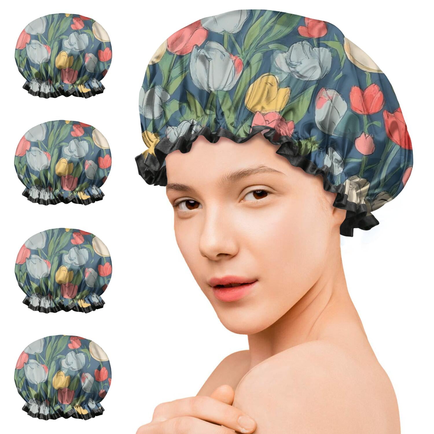 Shower Caps,Pioneer Flower Floral Print Pattern Waterproof Shower Cap for Women 4 Pieces,Double Reusable Hair Cover for Shower PEVA Elastic Stretch Hem