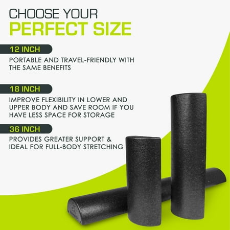 ProsourceFit High Density Half-Round Foam Rollers 12”, 18, 36 Black