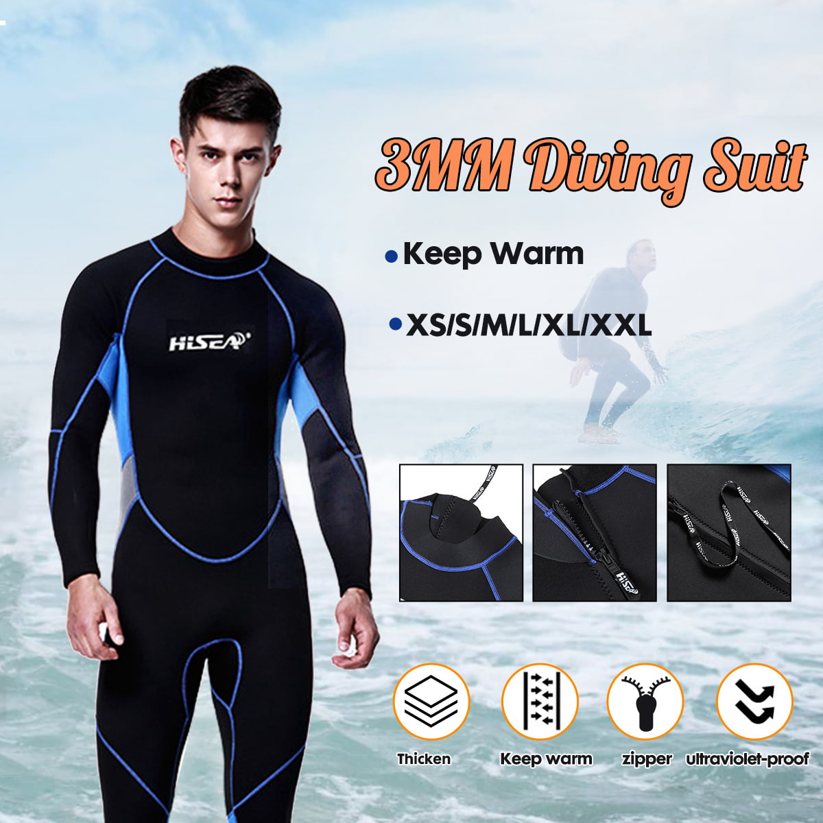 Men's 3MM Neoprene Wetsuit Surf Diving Full Body Zipper Suit Spearfishing S-XXL 