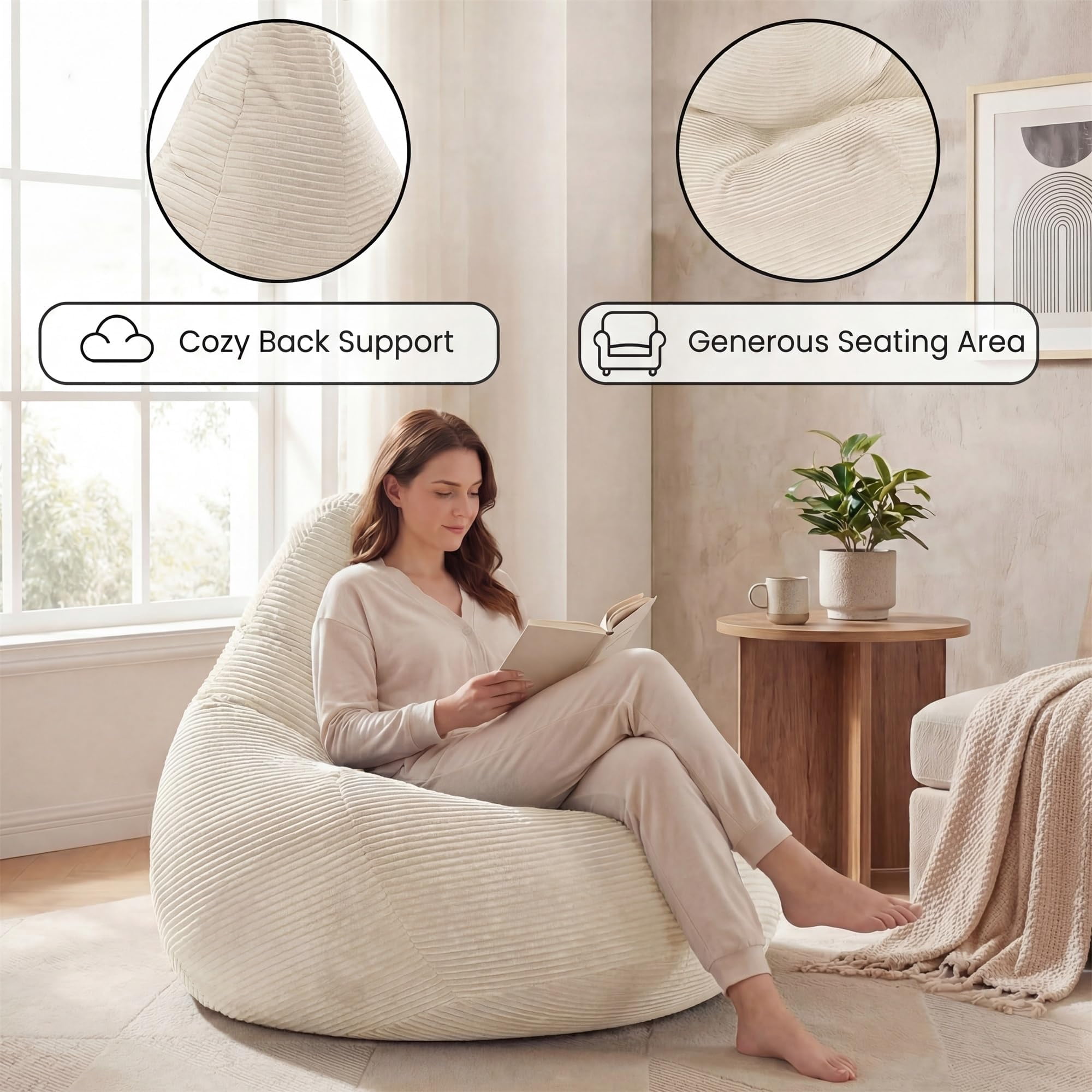 Corduroy Bean Bag Chair for Adults, Comfy Sponge Filling Lazy Sofa for , Soft Lounger for Living Room, Bedroom, Beige