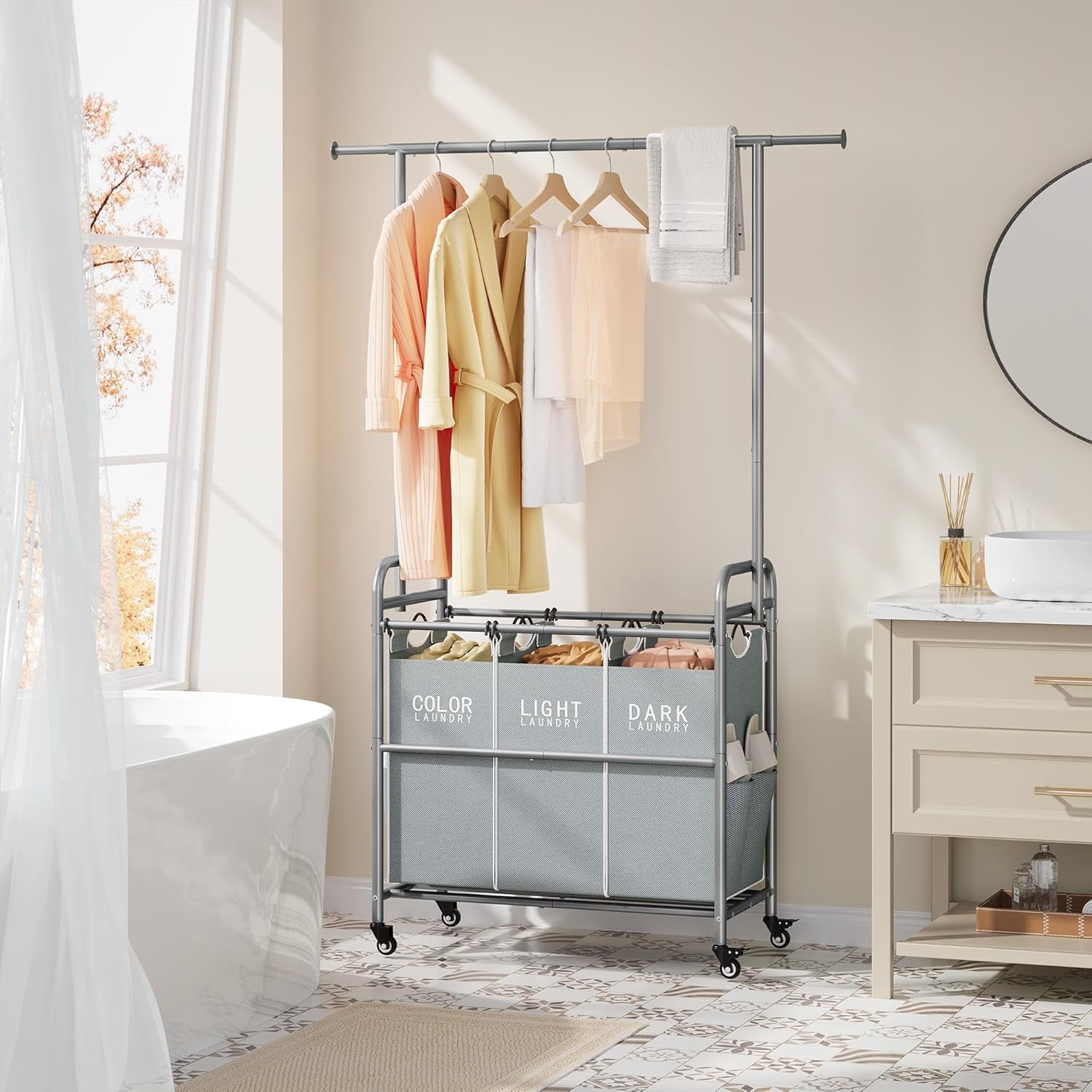Laundry Sorter with Hanging Bar, 3 Section Rolling Laundry Hamper with Heavy Duty Lockable Wheels, Laundry Basket with Hanging Rack for Bedroom, 3 Gray