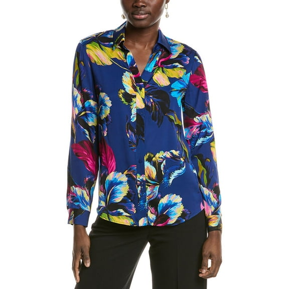 Elie Tahari womens The Madeline Silk-Blend Blouse, XL, Blue
