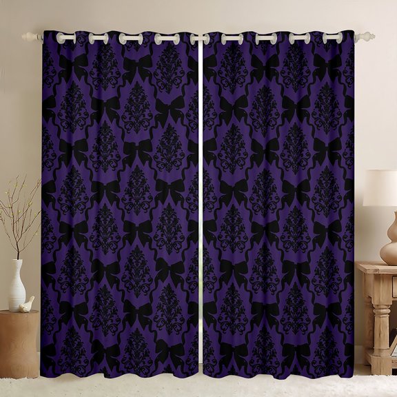 jejeloiu Vintage Baroque Floral Blackout Curtains Set of 2 (52x84 Each),Kawaii Girl Bowtie Window Curtains,Purple Black Curtains and Drapes For Kids,Breathable Home Decor