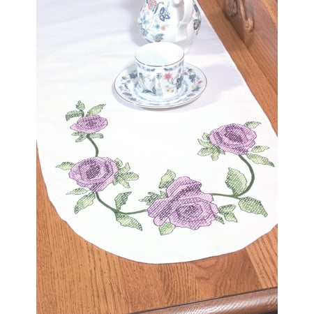 Fairway Stamped Perle Edge Dresser Scarf 15"X42"-Rose Vine