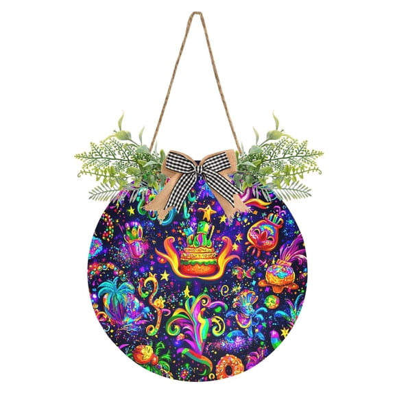Colorful Mardi Gras Pattern Front Door Porch Decoration Hanging Sign with Artificial Green Plants and Bow for Home Outdoor Indoor