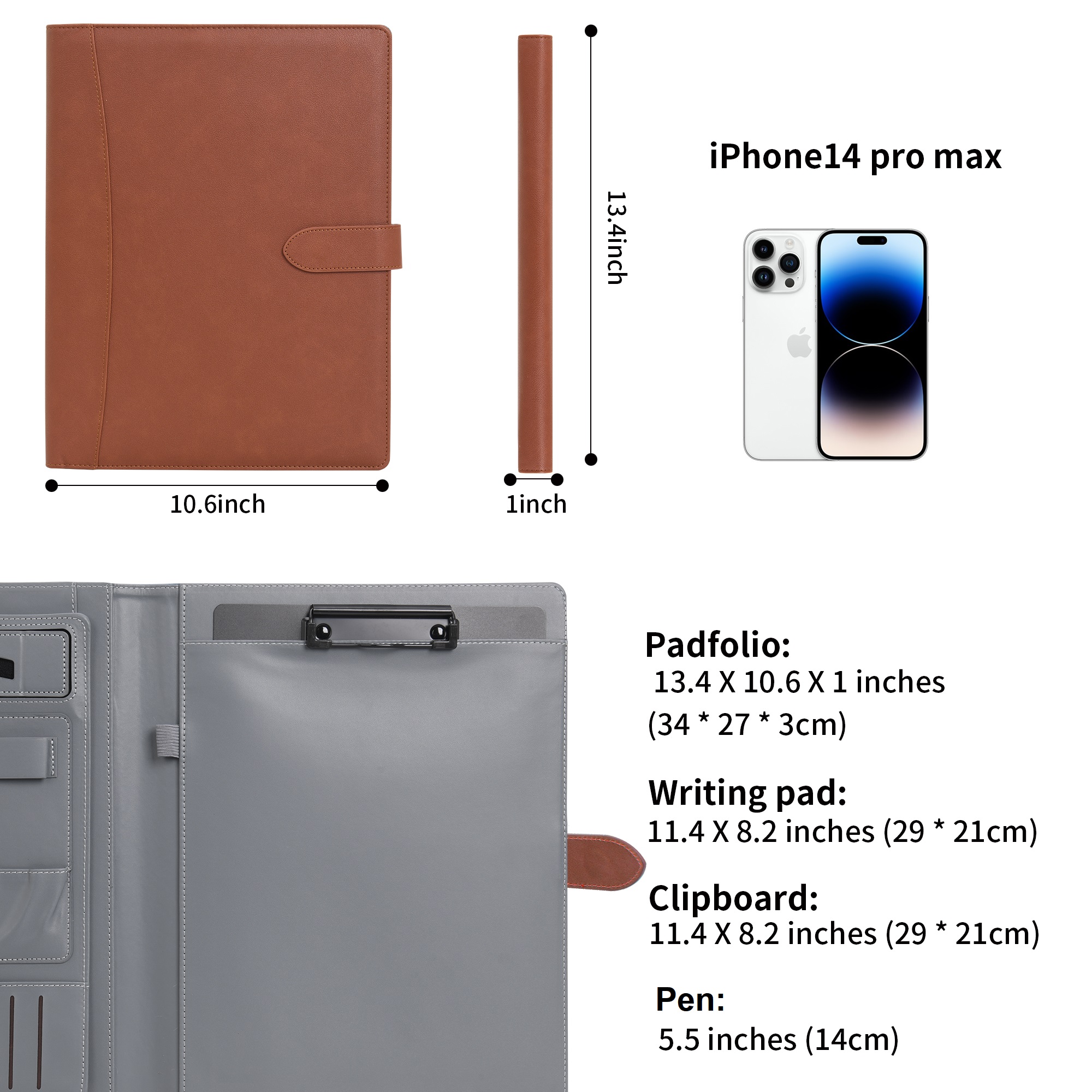 Wason Portfolio Padfolio A4 Leather Holder File Document Case with Writing Pad and Removable Clipboard for Organizer Office School Travel (Brown)