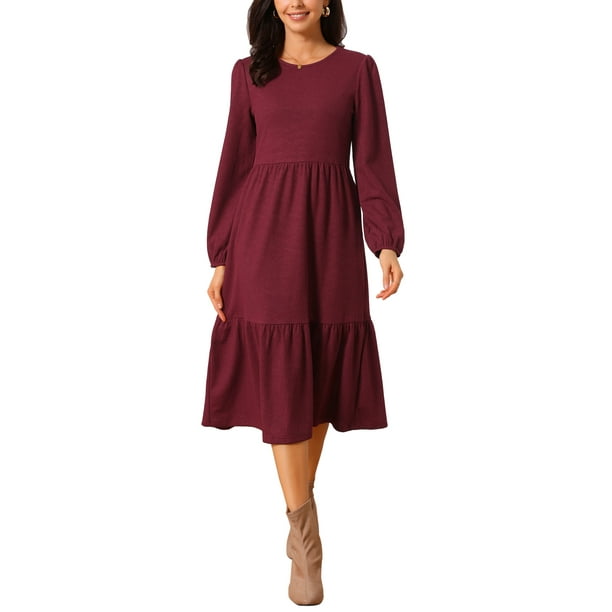 VESTIDOS DE OTOÑO PARA MUJER INSPIRE CHIC, CON MANGAS LARGAS, CUELLO REDONDO, TIERED, CASUAL, DE PUNTO, EN LÍNEA A, MIDI, CON BOLSILLOS, S BURDEOS