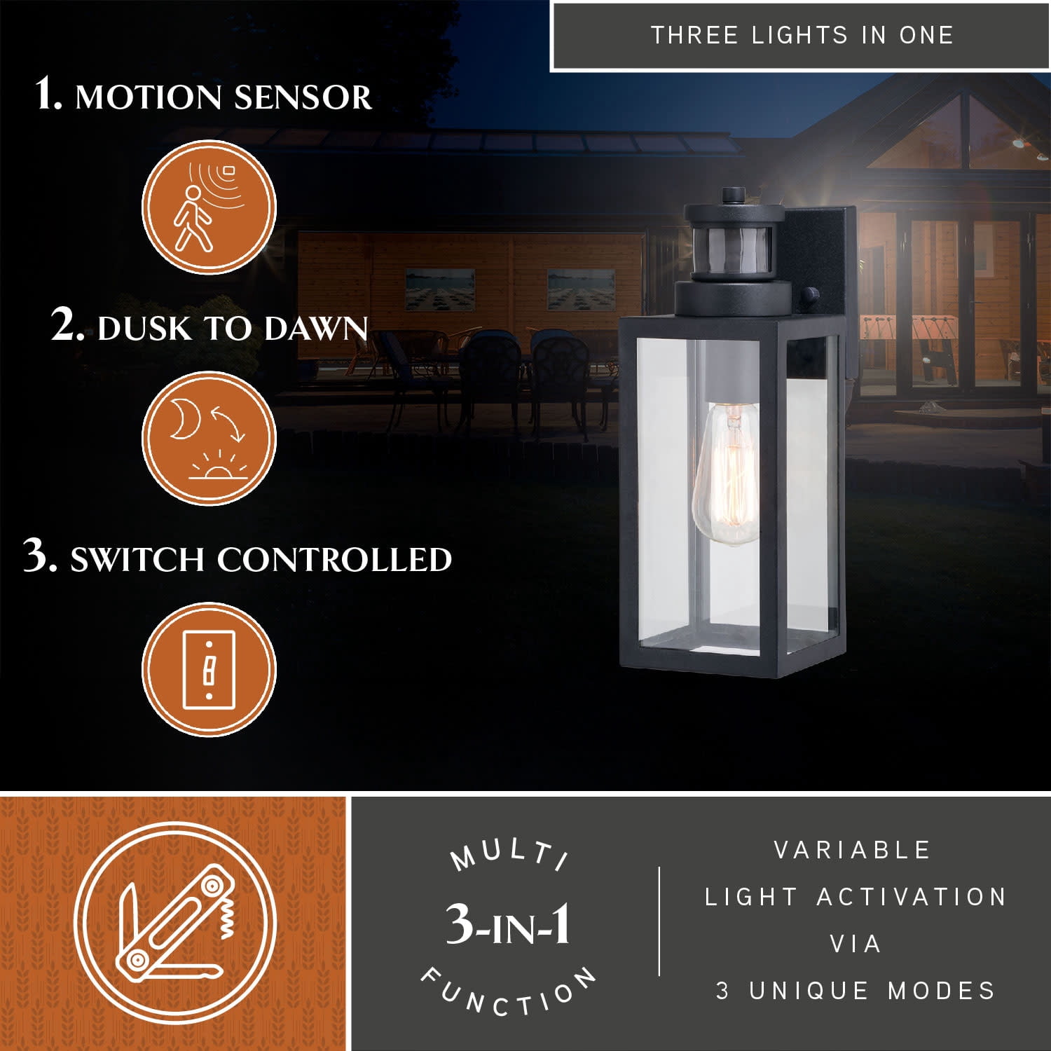 Lombard 4.75-in. 1 Light Black Motion Sensor Dusk to Dawn Outdoor Wall Lantern Clear Glass