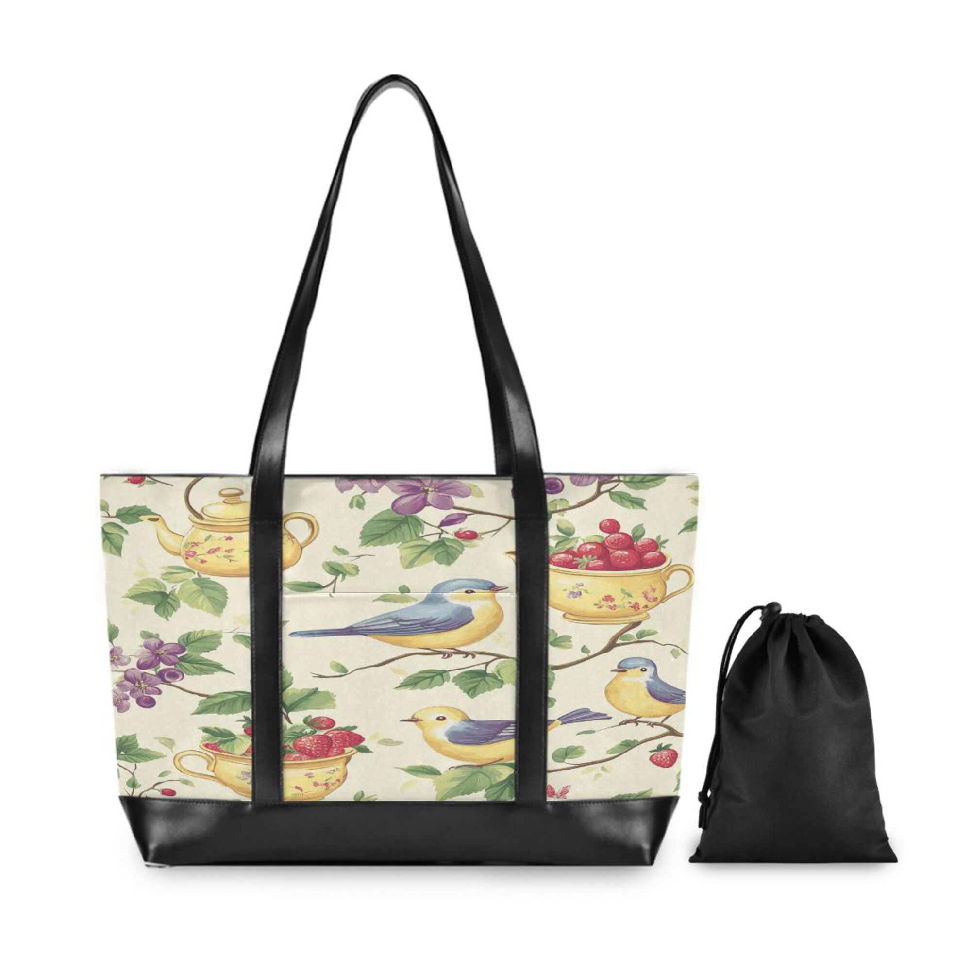 FORMRS Canvas Laptop Tote Bag for Women with 15.6" Computer Compartments Shoulder Handbag, Birds with Strawberries