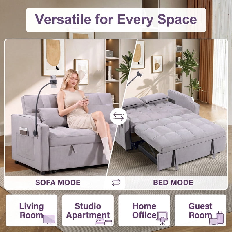 Gewnee 53" Sofa Bed, 3 in 1 Convertible Sleeper Sofa, Velvet Pull Out Couch Bed with USB Ports, Phone Holder & Side Storage Pockets, Adjustable Loveseat Sofa Bed for Living Room, Gray