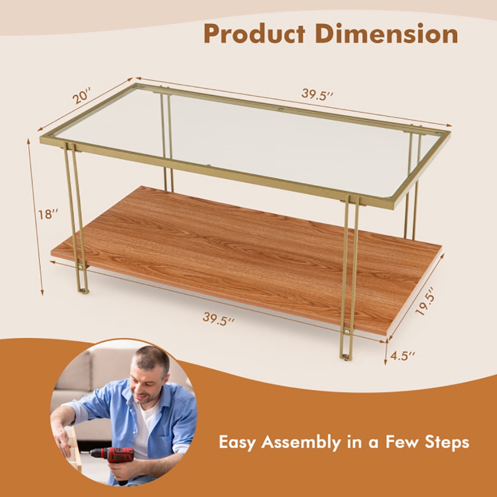 Finihen Coffee Table, Glass Coffee Table, 2 Tiers Rectangle Glass Coffee Table with White and Gold Steel Frame, for Living Room, Reception Room, Golden Finihen Coffee Table, Glass Coffee Table, 2 Tiers Rectangle Glass Coffee Table with White and Gold Steel Frame, for Living Room, Reception Room, Golden