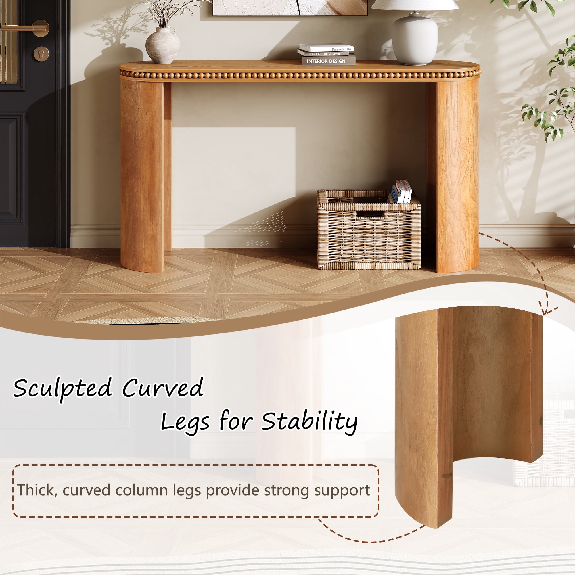 EUROCO Vintage Console Table with Beaded Trim and Reversible Curved Legs,59.8" Wood Long Sofa Table Behind Couch Accent Tables for Entrance Foyer Hallway,Brown
