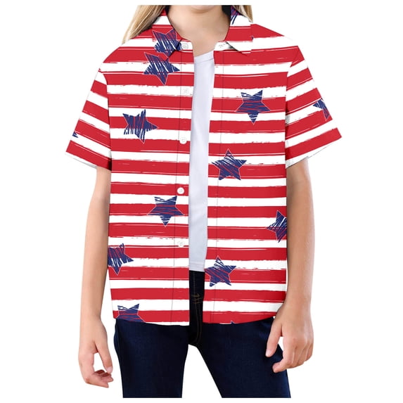 FINALGANG Boys Girls Independence Day Polo Shirts Kids Teen Holiday Fashion Prin Short Sleeve Button Front Collared Top For Daily Wear Red 6-7 Years